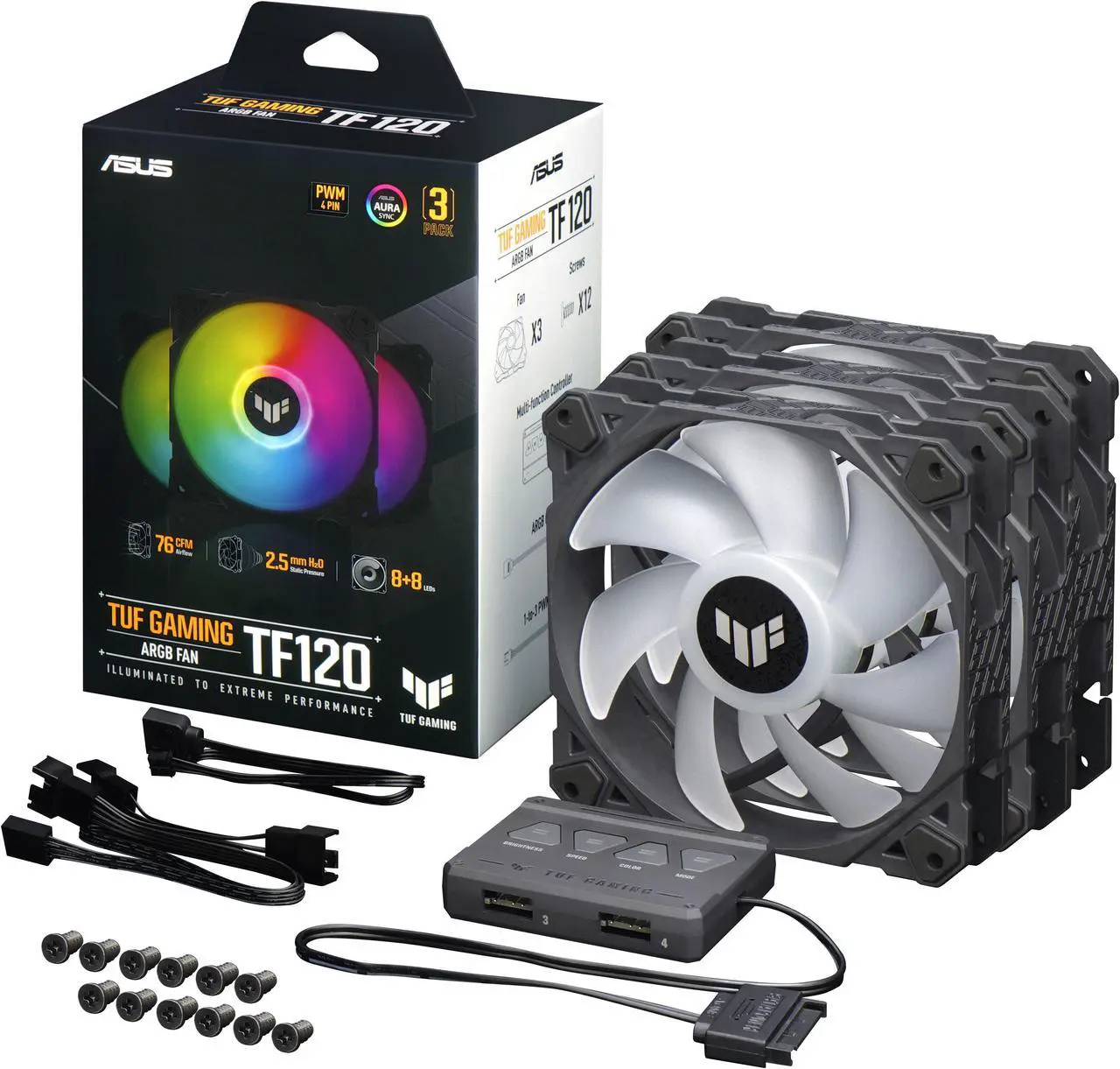 ASUS TUF Gaming TF120 ARGB Chassis Fan 3-Pin Customizable LEDs Blade, Advanced Fluid Dynamic Bearing, 120mm PWM Control, Anti-vibration Pads, Double-layer LED Array for Computer Case & Liquid Radiator Bundled with ARGB Control Hub - Image 2
